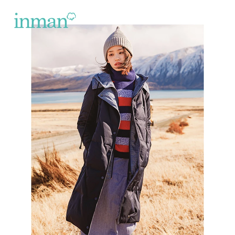 

INMAN Winter New Arrival Female Drawstring Hooded Contrast Color Two-piece Suit Long Section Down Coat
