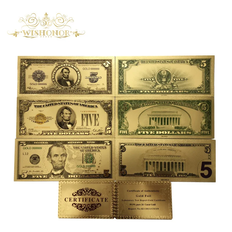 

7pcs/lot Color America Set Banknotes USD 5 Dollar Banknotes Bills Banknote In 24K Gold Paper Money For Collection