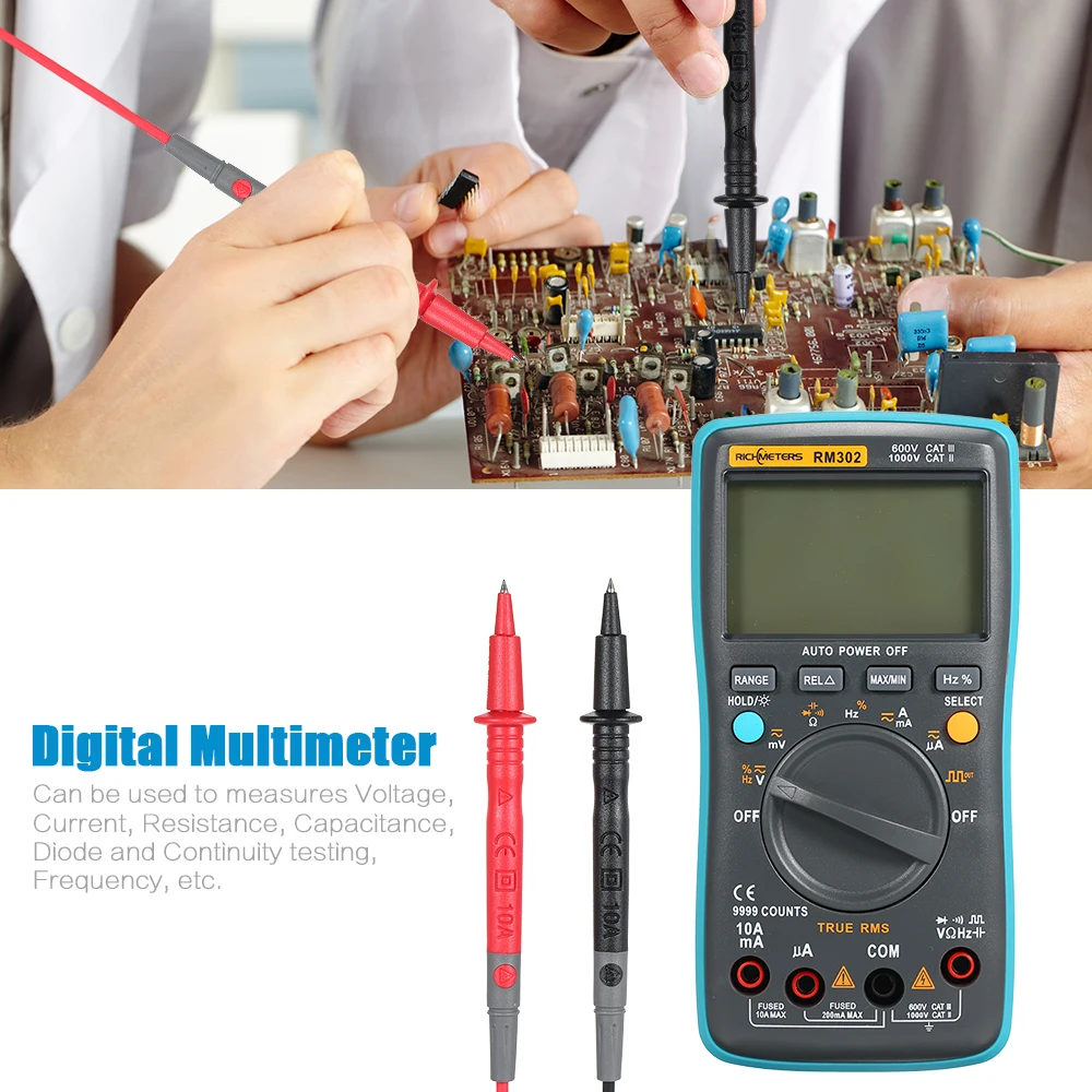

Digital Multimeter 8000 counts True-RMS AC DC Voltage Ammeter Current Auto/Manual Temperature Capacitance Tester RM301