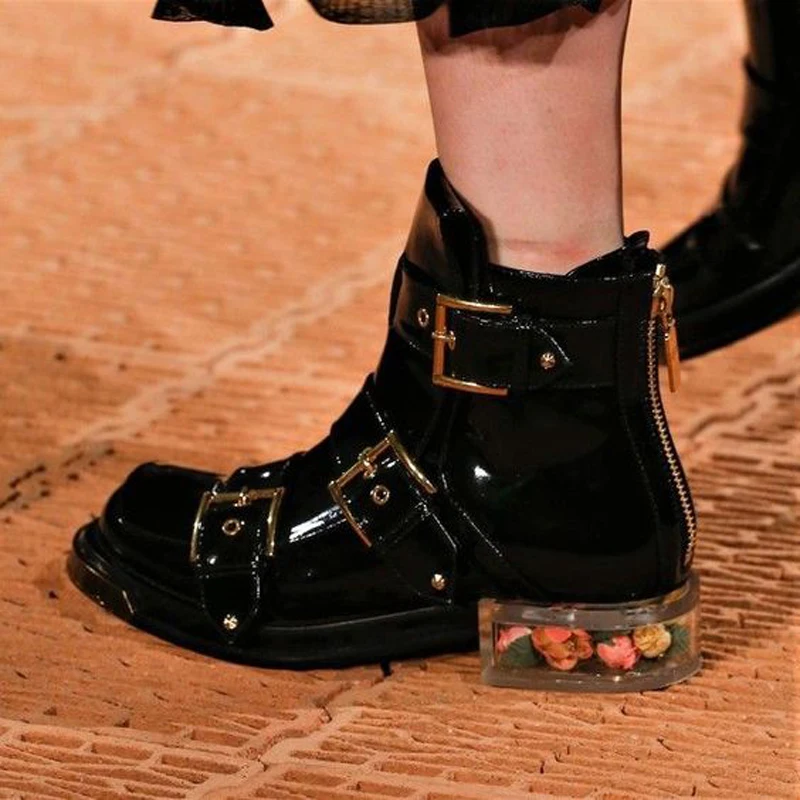 

Winter Patent Leather Women Ankle Boots Buckle Strap Studded Rivets Western Boots Runway Style Women Short Boots Botas Mujer
