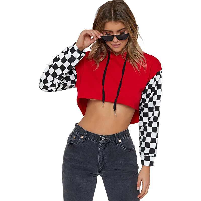 

Harajuku Sweatshirt Women Hoodies Crop Top Hoodie Streetwear Oversized Hoodie Black Plaid Sweatshirt Pullovers Sweat Femme