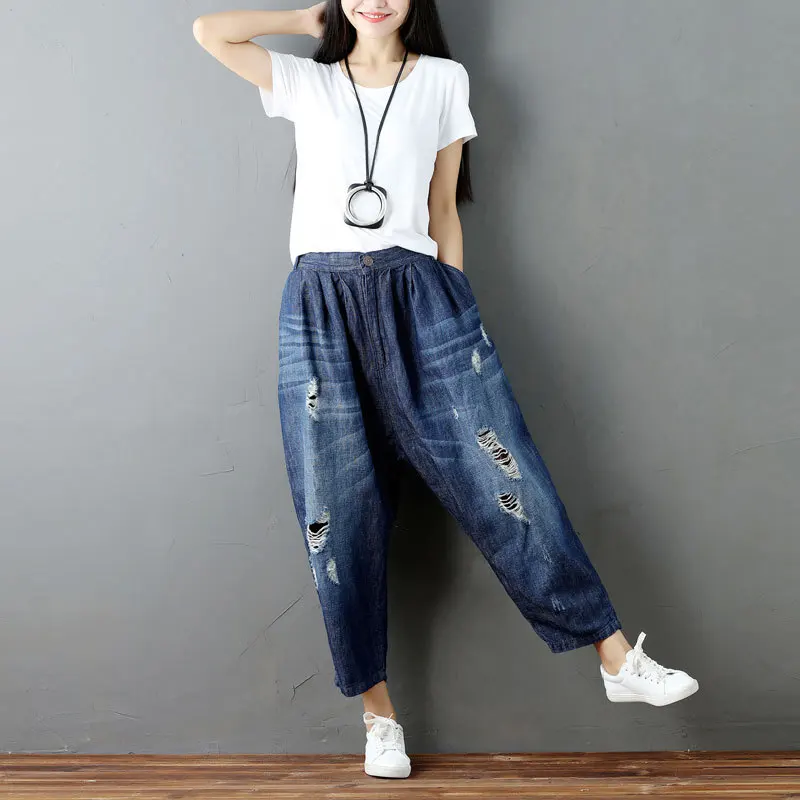 Women Elastic Waist Scratched Bleached 
