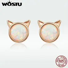 WOSTU Аутентичные 925 стерлингового серебра милый кот золотые, розовые серьги опал камень миниатюрные серьги-гвоздики для женщин Свадебные украшения DXE538