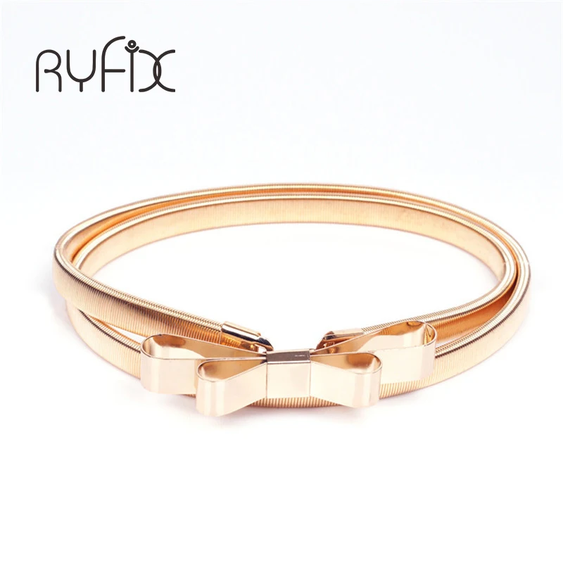 

2019 Hot sales women belt metal bow thin elastic belt golden /sliver elastic waistband chain BL01