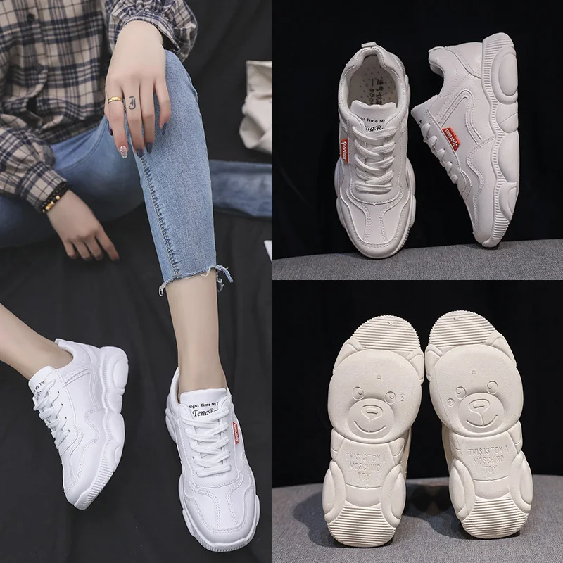 

2019 Sneakers Women 35~40 Leather Casual Shoes Platform Training Bear Walk Lady Girl Jogging Shoe Sports Breathable Flats H15