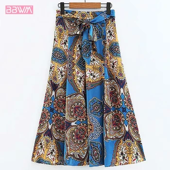 

2019 summer new bohemian wild self-cultivation high waist tie color matching print big swing skirt 2019 summer new bohemian wild