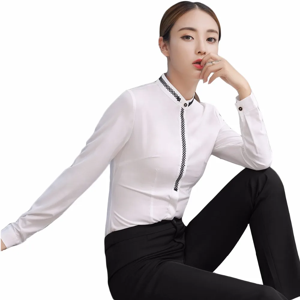 

S-4XL Stand Collar Full Sleeve White Blouse Fashion Autumn Wear Blusa Tops Female Office Lady Work Shirt Elegant Women Clothing