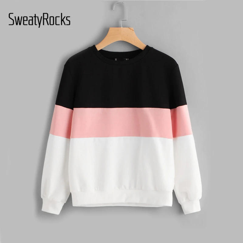  SweatyRocks Active Chic Sweatshirts Cut Sew Patchwork Pullovers Women Tops Color Block Crew Neck Fa