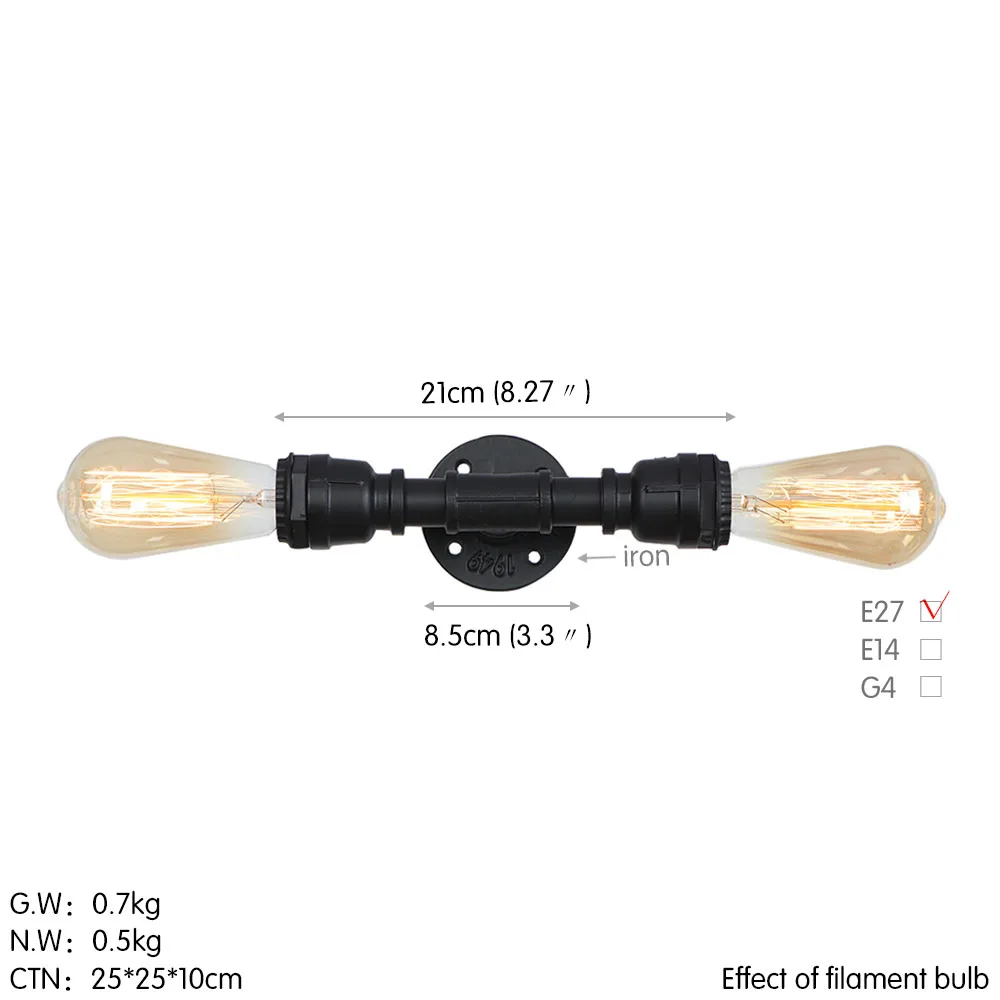 Двойной ретро настенный светильник светодиодный Эдисон E27 черный железный водопровод лампа Лофт Винтаж бра настенный светильник s светильники домашний Декор Светильник ing - Цвет абажура: black