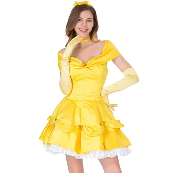 

Adult Fairy Tail Cosplay Costume Women Halloween Costumes Sexy Beauty And The Beast Belle Princess Yellow Dress For Role Playing