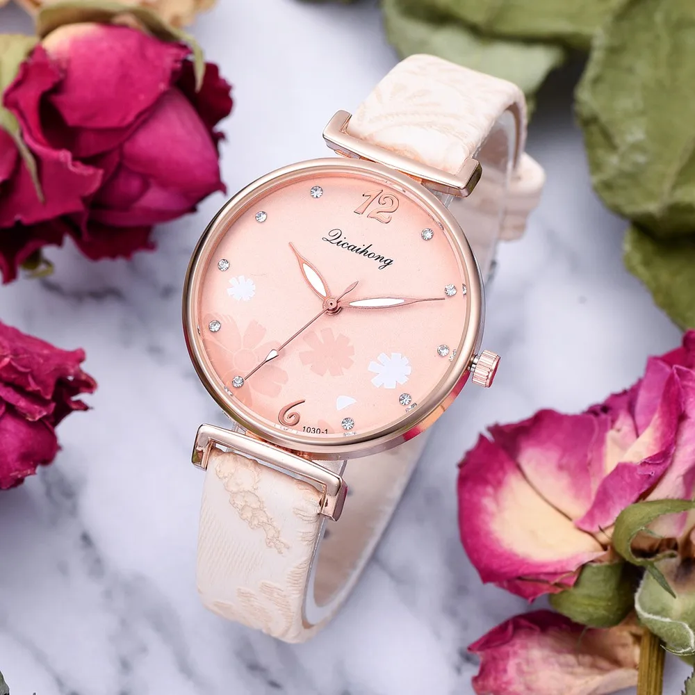 Модные креативные кварцевые часы с цветочным циферблатом для женщин, простой дизайн, стильный браслет, платье, женские наручные часы, Reloj Mujer - Цвет: Розовый