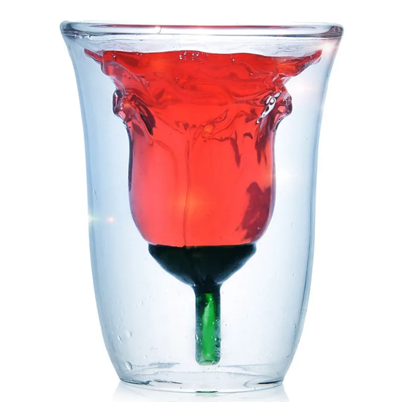 2pcs Love roses cup High heat resistant borosilicate glass double Art glass Red wine Creative