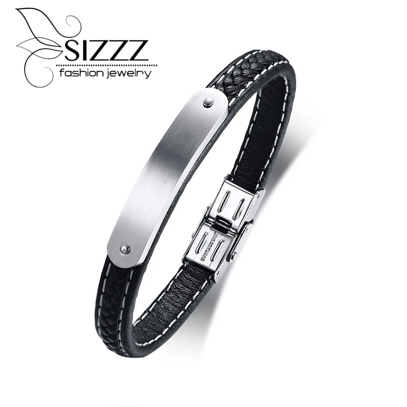 

SIZZZ 2018 New Fashion Stainless steel bent Leather Bracelets&bangles for men