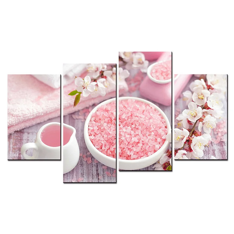 

Modular Picture Poster Art Print 4 Pieces/Set Bowl Of Pink Bath Salt Sakuras Photo Canvas Frame Painting Modern Wall HD Decor