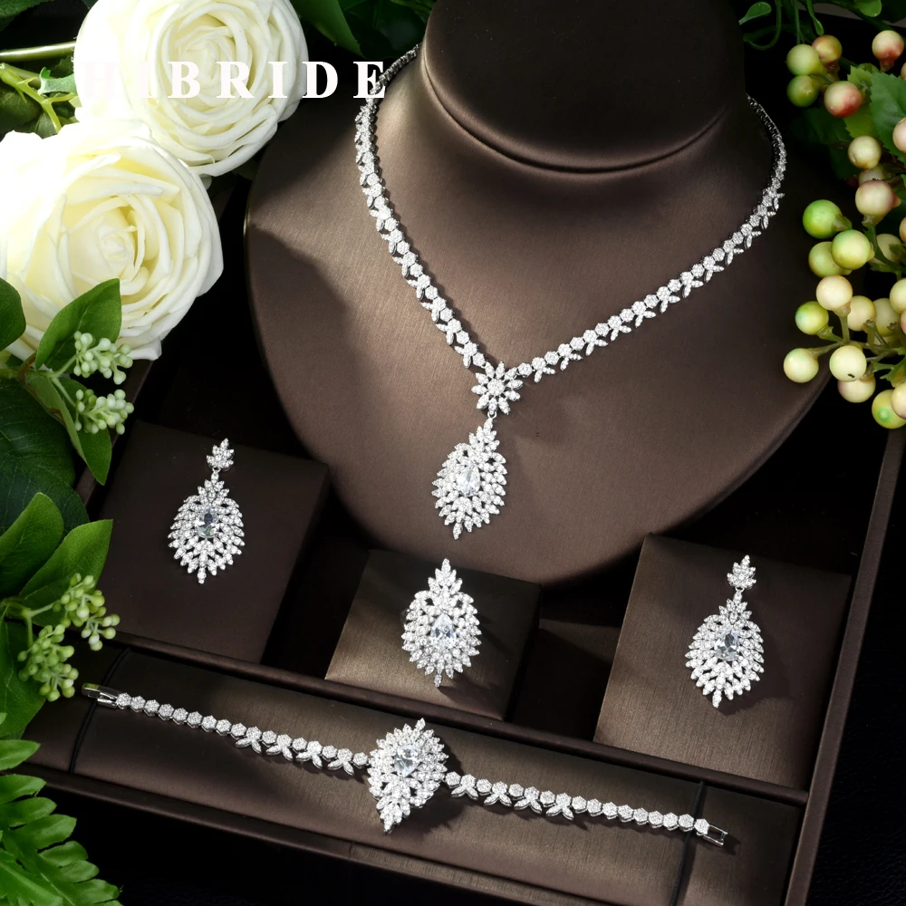 

HIBRIDE New AAA Cubic Zircon 4Pcs Necklace Set Fashion Necklace Bracelet Earring Adjustable Ring Charm Wedding Jewelry Set N-967