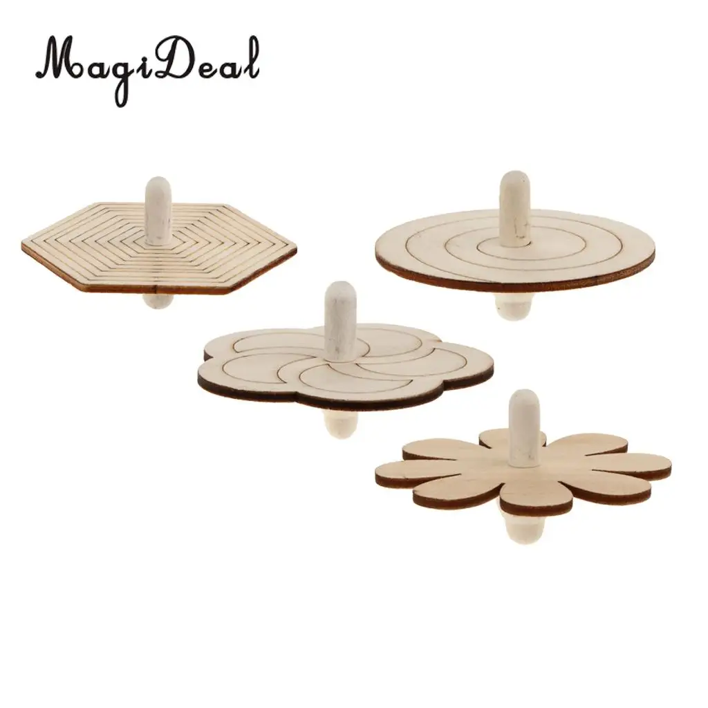4 Pieces Wood Spinning Tops Gyro Wooden Toys for Kid DIY Handmade Painting Craft