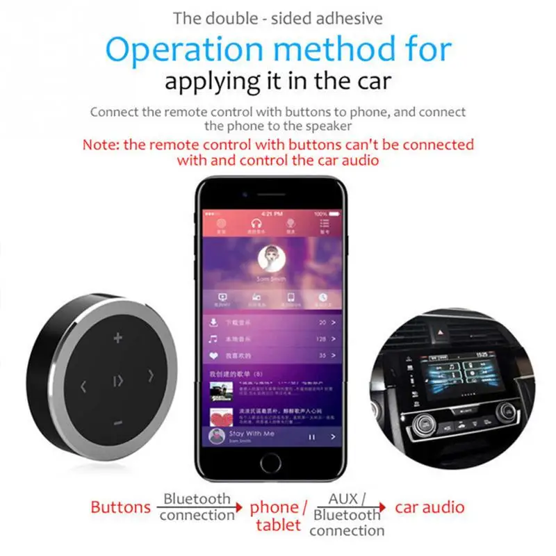 

Round Wireless Bluetooth Car Mounted Steering Remote Controller Receiver Portable Easy Install Connection Durable Accessories