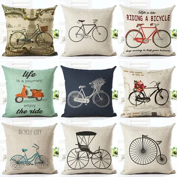 

Top Fashion Vintage Cheap Throw Pillow Cushion Home Decor Couch Various Bicycle Printed Linen Cuscino Square Cojines Almohadas