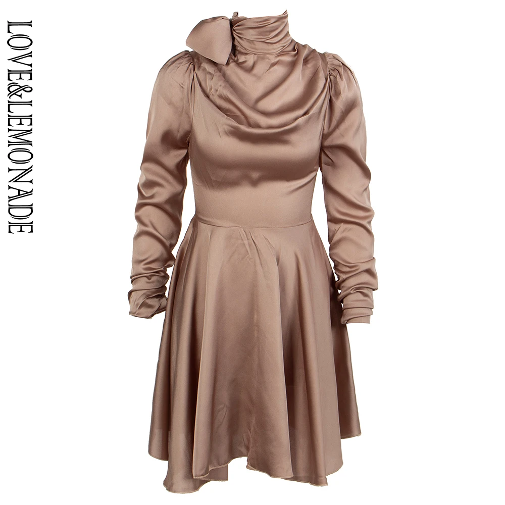 

Love&Lemonade Spring Collar Straps High Waist Elastic Artificial Silk Material Long Sleeved Dress LM81660 NUDE