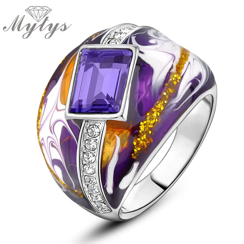 Mytys модное цветное кольцо 4 цвета Зеленый Черный Красный Эмаль кольцо для женщин R194 R199 R944 R949 - Цвет основного камня: Фиолетовый
