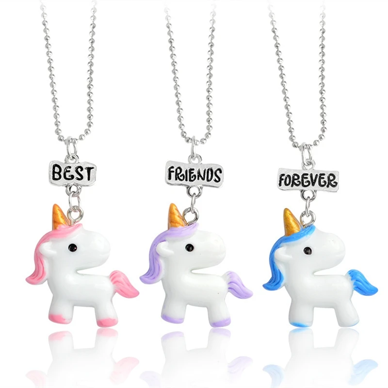

New 3Pcs/Set Unicorn Necklace Jewelry Best Friend Forever Charms Kids Choker Necklace for Boys and girls Pendants Birthday Gifts
