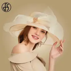 FS элегантный для женщин летние органзы широкий с полями, солнце шапки для церкви большой Кентукки Дерби шляпа дамы флоппи большой лук Fedora