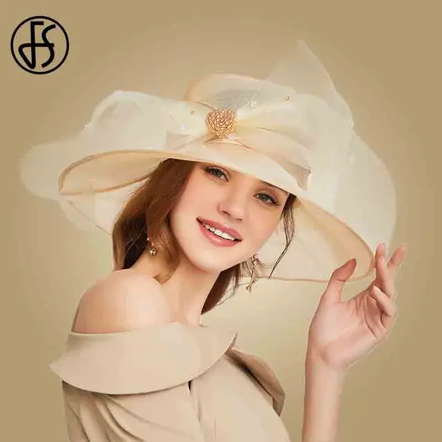 FS Beige White Organza Wide Brim Sun Hats For Women Church Hats Women Elegant Kentucky Derby Hat Ladies Big Bow Fedora 1