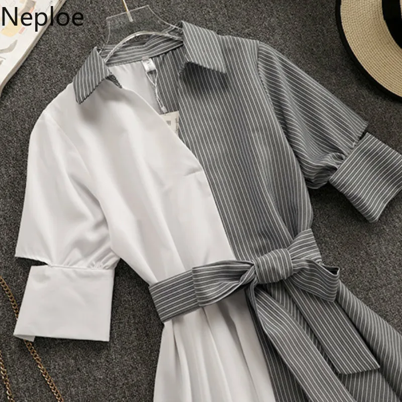 Neploe контрастный цвет Ретро платье женское в полоску с отложным воротником Vestidos