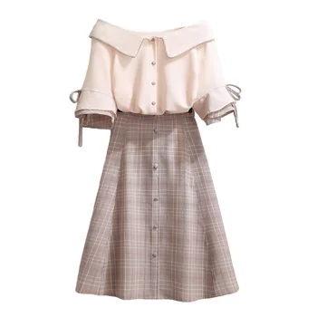 

2018 summer new women 2 pieces skirt sets chiffon office lady clothing suits