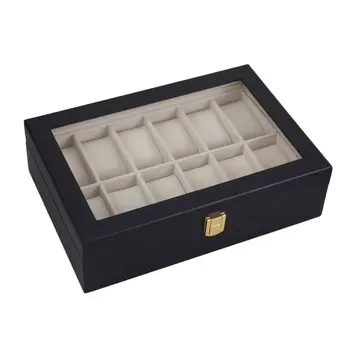 

12 Grids Wooden Watch Box Black Color Storage Organizer Case Saat Kutusu Watch Jewelry Boxes Watch Holder For Men Women