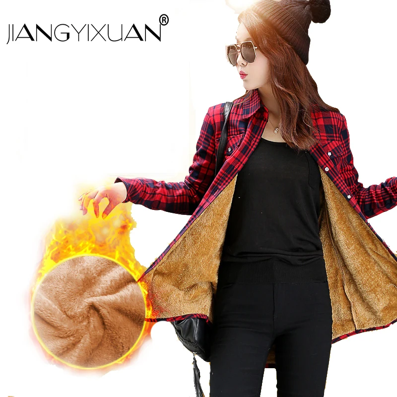 

JIANGYIXUAN feminina Long shirts tops Girls sleeve Winter Thickening Coat Lattice blouse plaid female women casual blouses