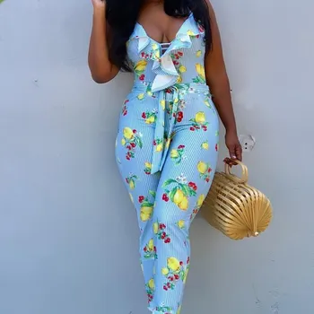 

Women Floral Print Stripe Jumpsuit Bohemian Spaghetti Strap Backless Ruffle Sexy Romper Bodysuit Long Overalls