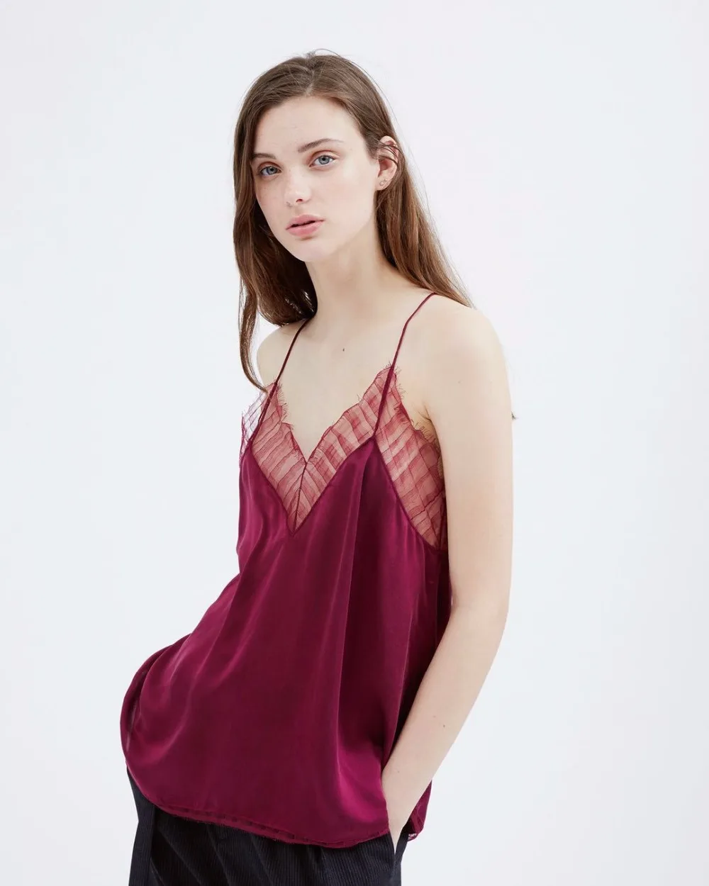 

100% Silk Women's Embroidery V-neck Lace Sleeveless Camis Nude White Black Red Wine Camisole