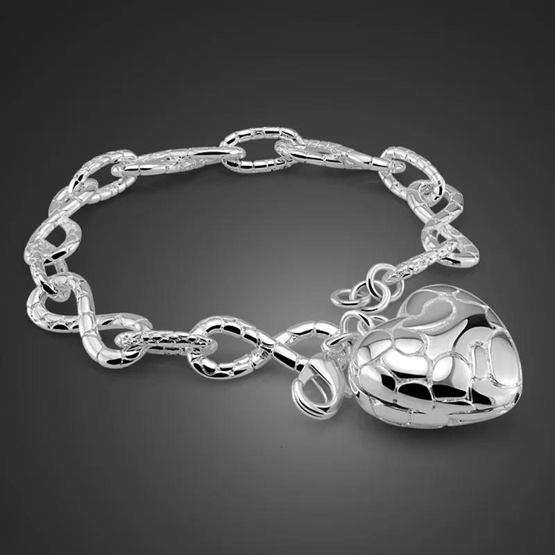 

High Quality Delicate Carve 925 Silver Heart-shaped pendant Fine Charm Bracelet For Woman 100% Sterling Silver jewelry Bracelet