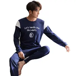 2019 Для мужчин s комплект одежды для сна с длинным рукавом Демисезонный Мужская пижама комплект Для мужчин пижама из чистого хлопка для Для