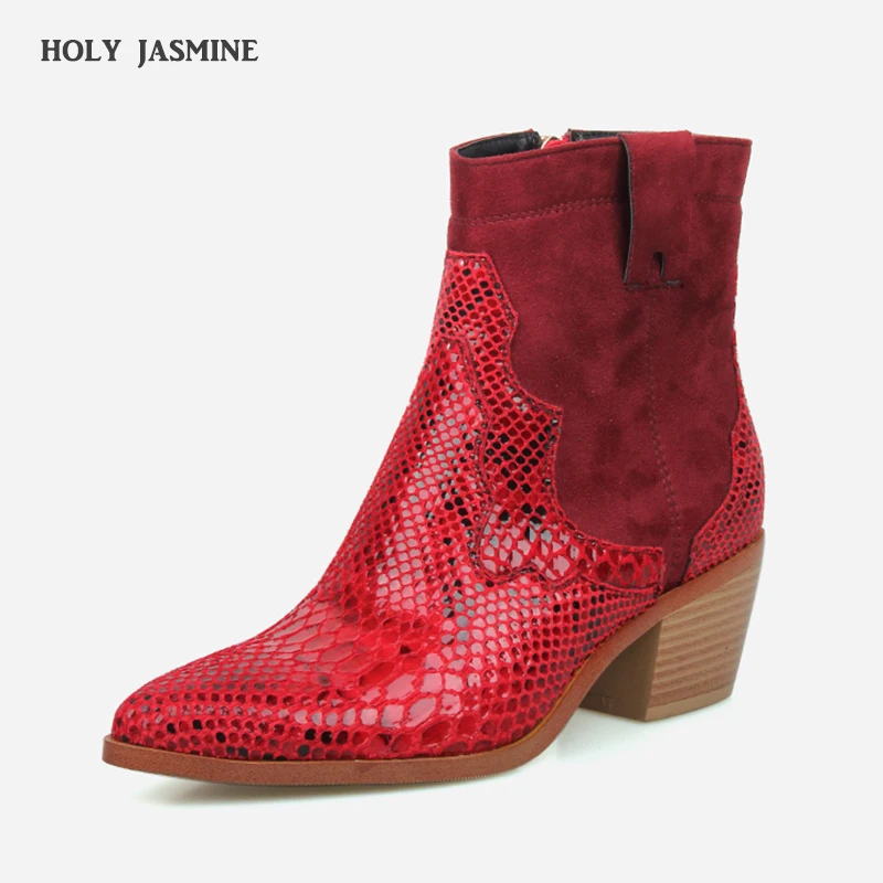 

Luxury Red Snake Print Chelsea Boots Women Sexy Pointed Toe Ankle Boots for Women Square heel 2019 New Spring/Autumn Boots Women