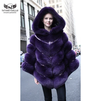 

Tatyana Furclub Natural Furry Real Fox Fur Cape Women Winter Bat Sleeved With fur Hood Full Pelt Luxury Coat Female Gift purple