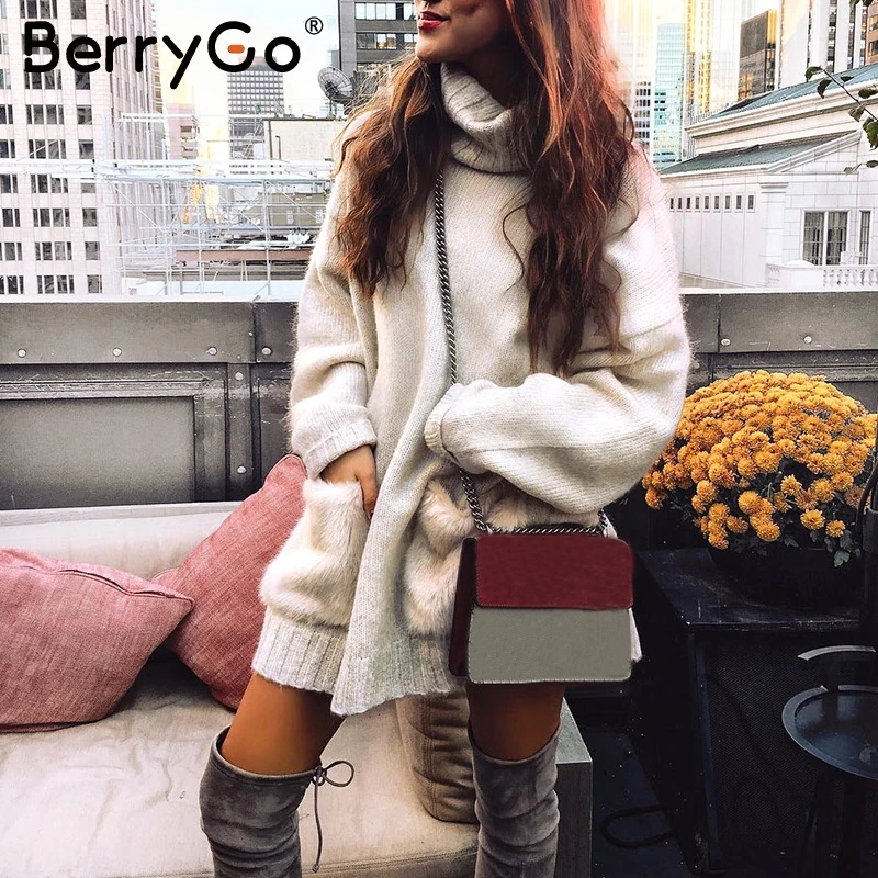 

BerryGo Turtleneck vintage warm sweater dress Women faux fur patchwork pocket knitting dress Streetwear winter robe dress 2018