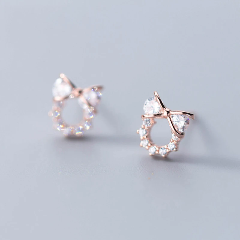 

NEWBUY Fashion Korea Style AAA+ CZ Bowknot Stud Earrings For Women Girl Trendy Rose Gold Color 925 Sterling Silver Earring