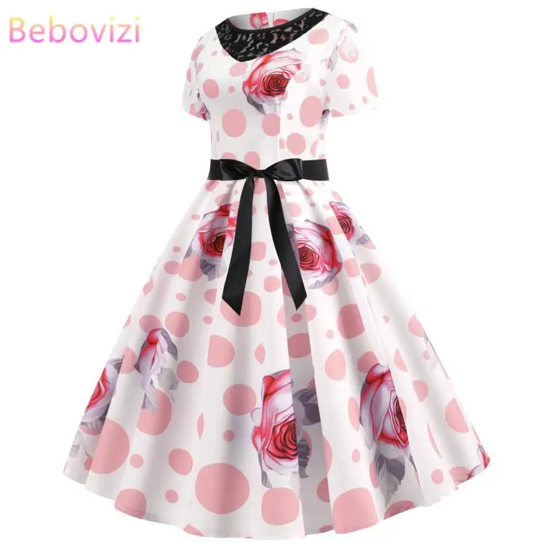 

Bebovizi 2019 Summer New Women Vintage Plus Size Dresses Dot Print Short Evening Party Casual Elegant Sexy A-Line Bandage Dress