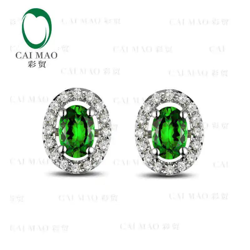 CaiMao 18KT/750 White Gold 0.88 ct Natural Tsavorite & 0.23 ct Full Cut Diamond Engagement Gemstone Earrings Jewelry