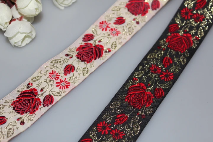 Red & Gold on Black Background Embroidered Jacquard Ribbon 3.4 cm  Wide.