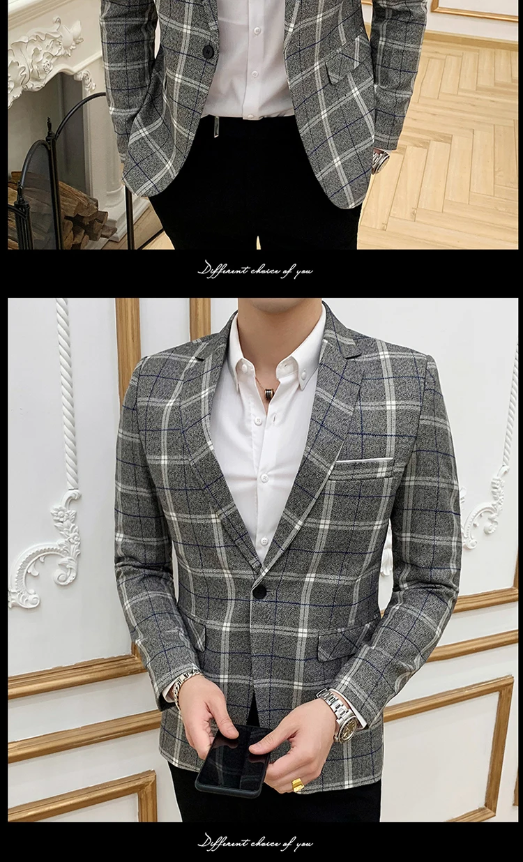Весенняя модная Клетчатая Мужская куртка, корейский приталенный маленький костюм с рукавом, черный блейзер, Мужской Блейзер, Hombre, узор