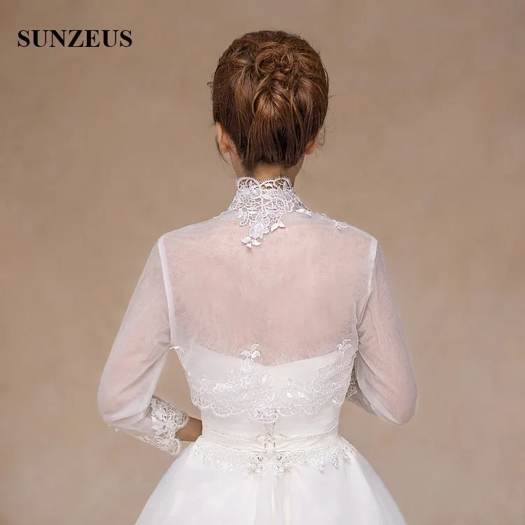 Red Long Sleeve Bridal Jacket Ivory Tulle Wedding Bolero With Appliques Women Cape Etole Mariage PJ004