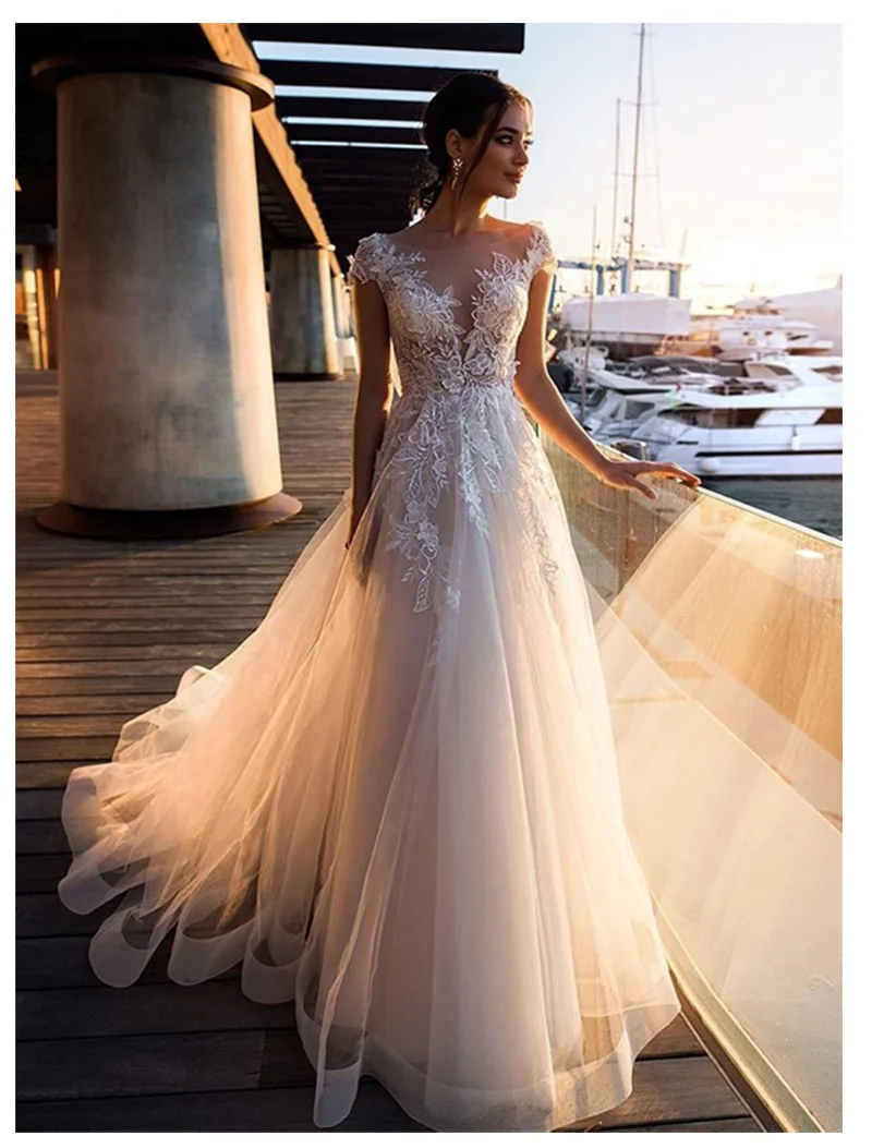 

2019 Boho Wedding Dress Lace Appliques With Flowers Tulle A-Line Sexy Backless Beach Bride Dress Wedding Gown