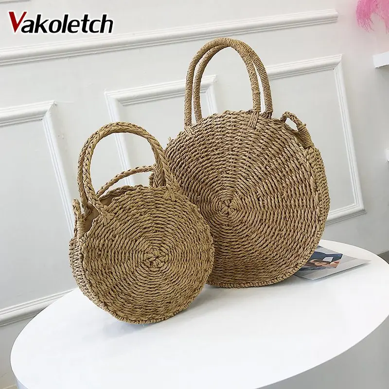 

Fashion Designer Female Handbag Woven Straw Round Handbag Retro Rattan Women Shoulder Bag Boho Summer Beach Messenger Bags KL440