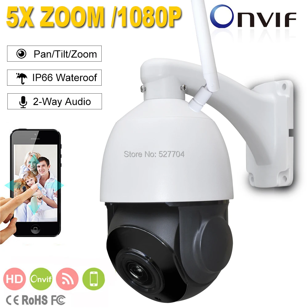 

CCTV Security Wireless WIFI IP 1080P Speed Dome PTZ Camera 2MP 2.7~13.5mm 5X ZOOM 80m IR distance 2-way Audio P2P Mobile View SD