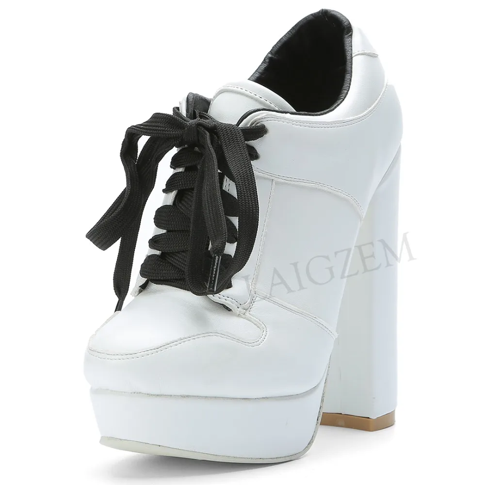 LAIGZEM/очень красивые женские ботильоны ботинки на толстом каблуке со шнуровкой Женская обувь г. Большие размеры 34-47
