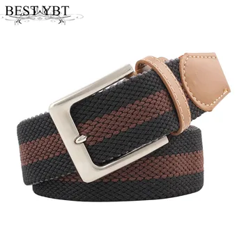 

Best YBT Unisex canvas stripe Belt trend weaving stretch elastic Alloy pin buckle belt youth student casual men cowboy belt
