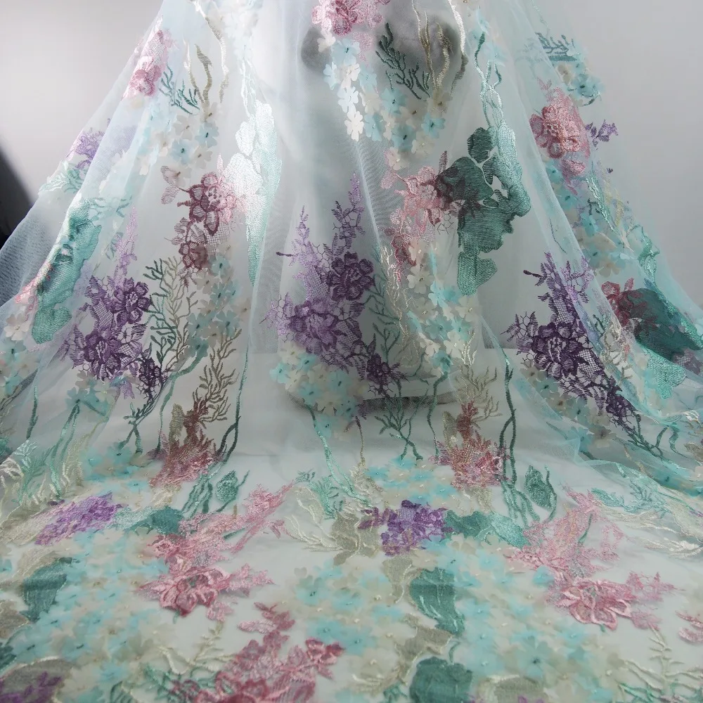 

LASUI NEW 2 choices Beautiful multicolor 3D flower embroidery mesh lace fabric 2 colors for elegant diy derss prom dressX0304